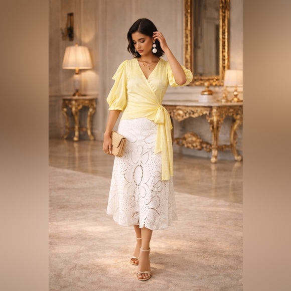 Krisa Tops - Krisa x RTR Yellow Satin Wrap Top Puff Sleeve Blouse Medium Resort Wedding Guest